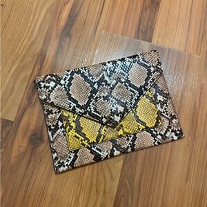 Mango Snake-Print Envelope Clutch in Brown and Yellow Accent